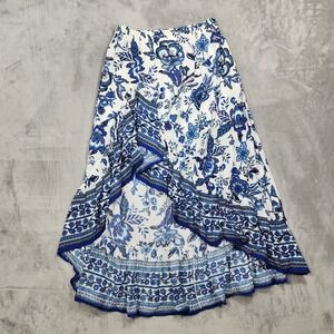 Fille Rose Skirt Womens M White Blue Floral High Low Ruffle Asymmetric Maxi Boho